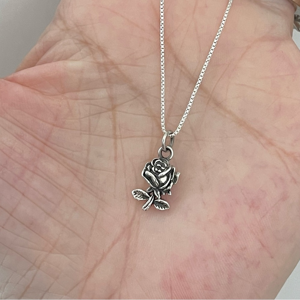 Sterling Silver Small Single Stem Rose Necklace, … - image 2